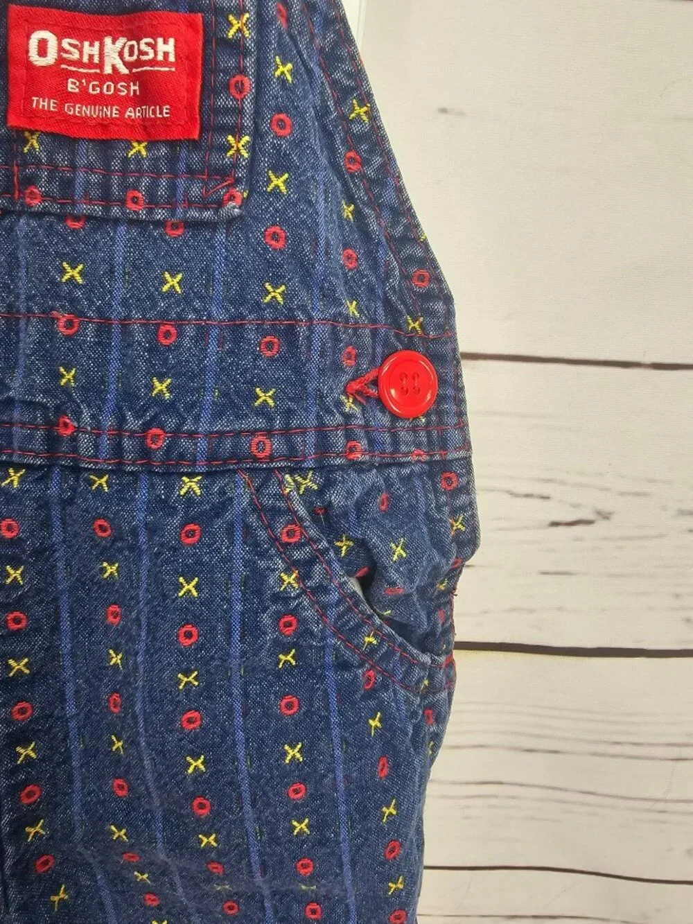 OshKosh Bgosh Infant Girls XO Tic Tack Toe Denim Overalls 6/9M Red USA Made‎